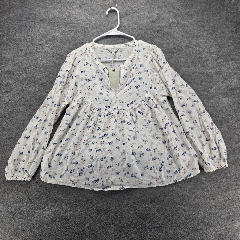 Lucky Brand Blouse Tunic Womens XS White Floral V-Neck Long Sleeve Ruffle Woven